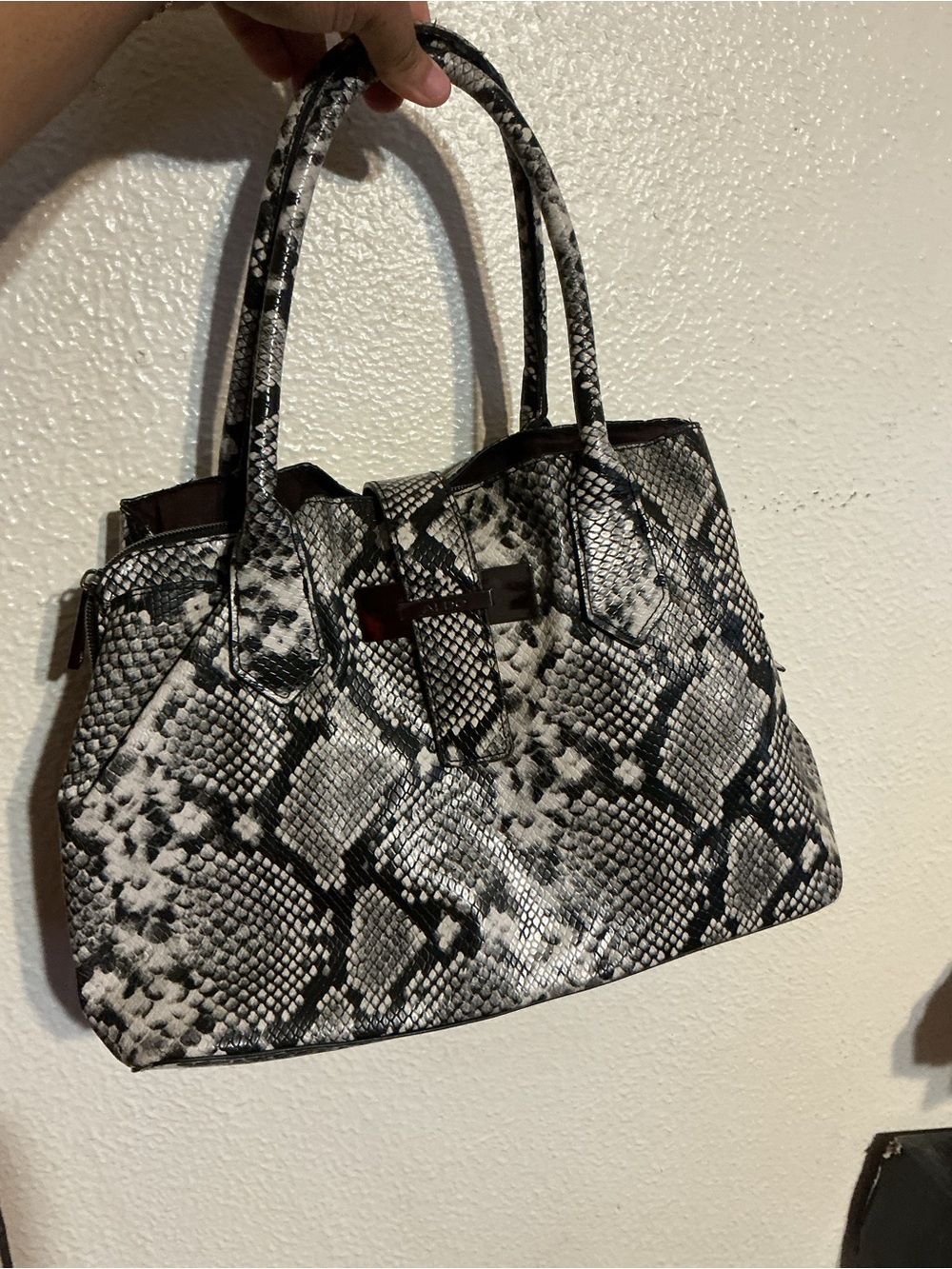 Black & White Snake-Print Structured Tote Bag
